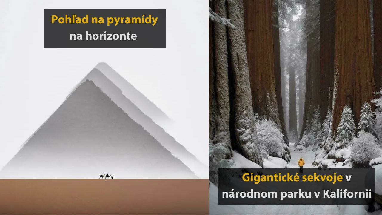 Ľudia na ťavách pred pyramídami a turisti v kalifornskom lese medzi obrovskými sekvojami v zime.