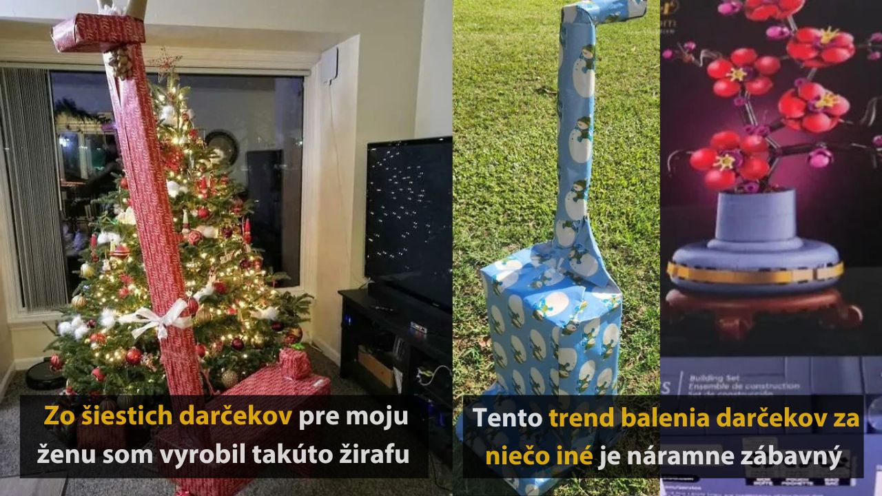 Vianočný stromček s netradične zabaleným darčekom pripomínajúcim žirafu vedľa TV. Kreatívne balenie darčekov.