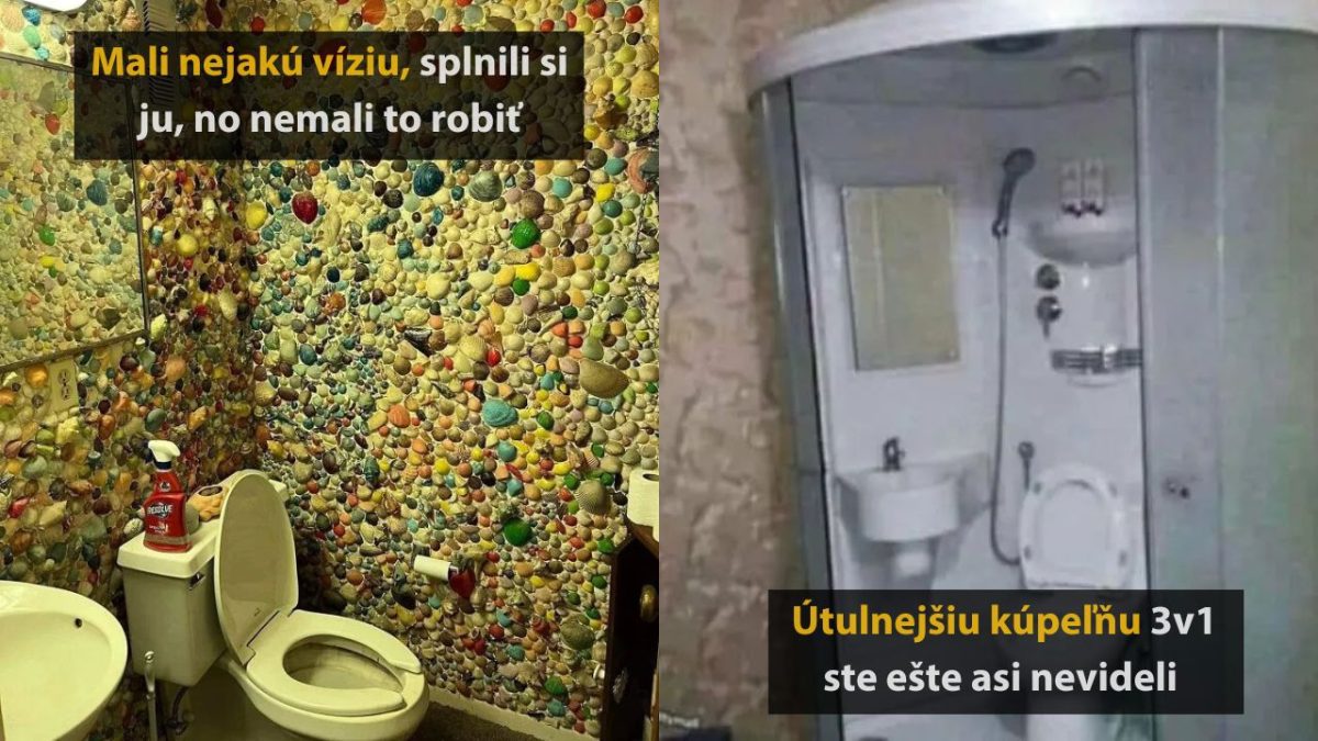 Farebná kúpeľňa so stenami pokrytými mušľami a netradičný sprchový kút s toaletou v jednom priestore.