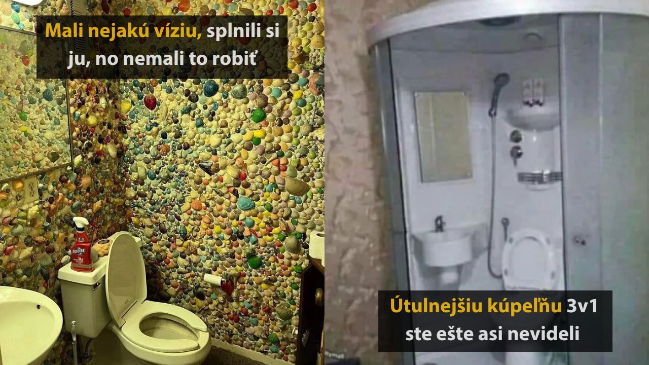 Farebná kúpeľňa so stenami pokrytými mušľami a netradičný sprchový kút s toaletou v jednom priestore.