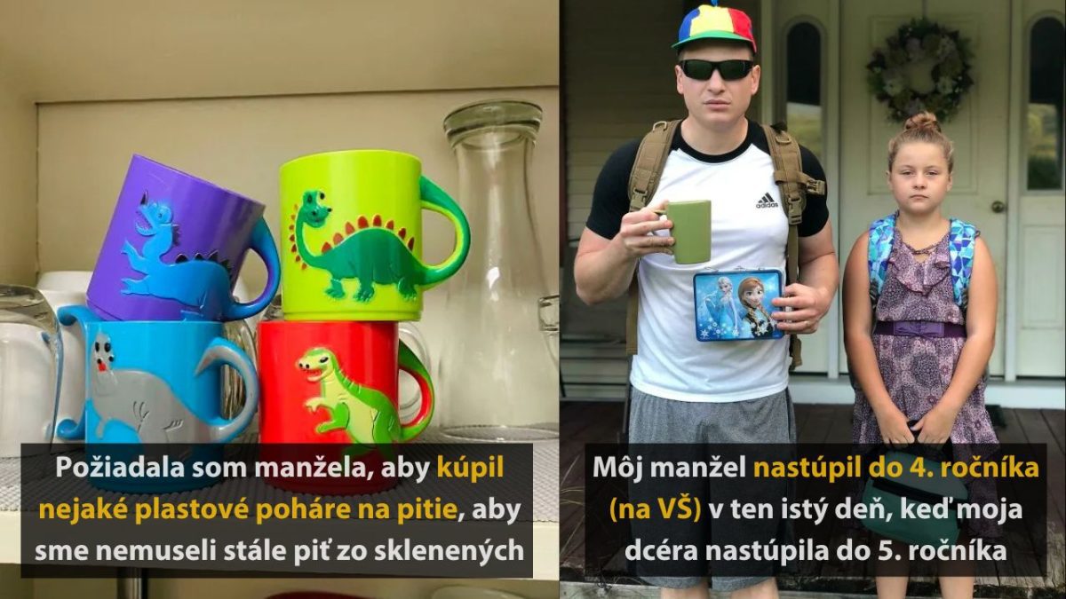 Farebné plastové poháre s dinosaurami a muž s dievčaťom pripravení na začiatok školského roka.