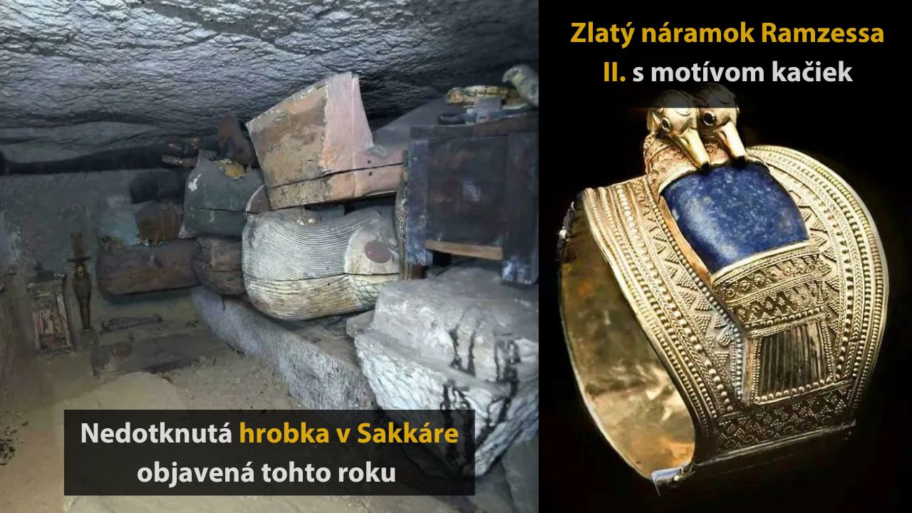 Nedotknutá hrobka v Sakkáre s artefaktmi, vrátane zlatého náramku Ramzessa II. s motívom kačiek, objavená v 2023.