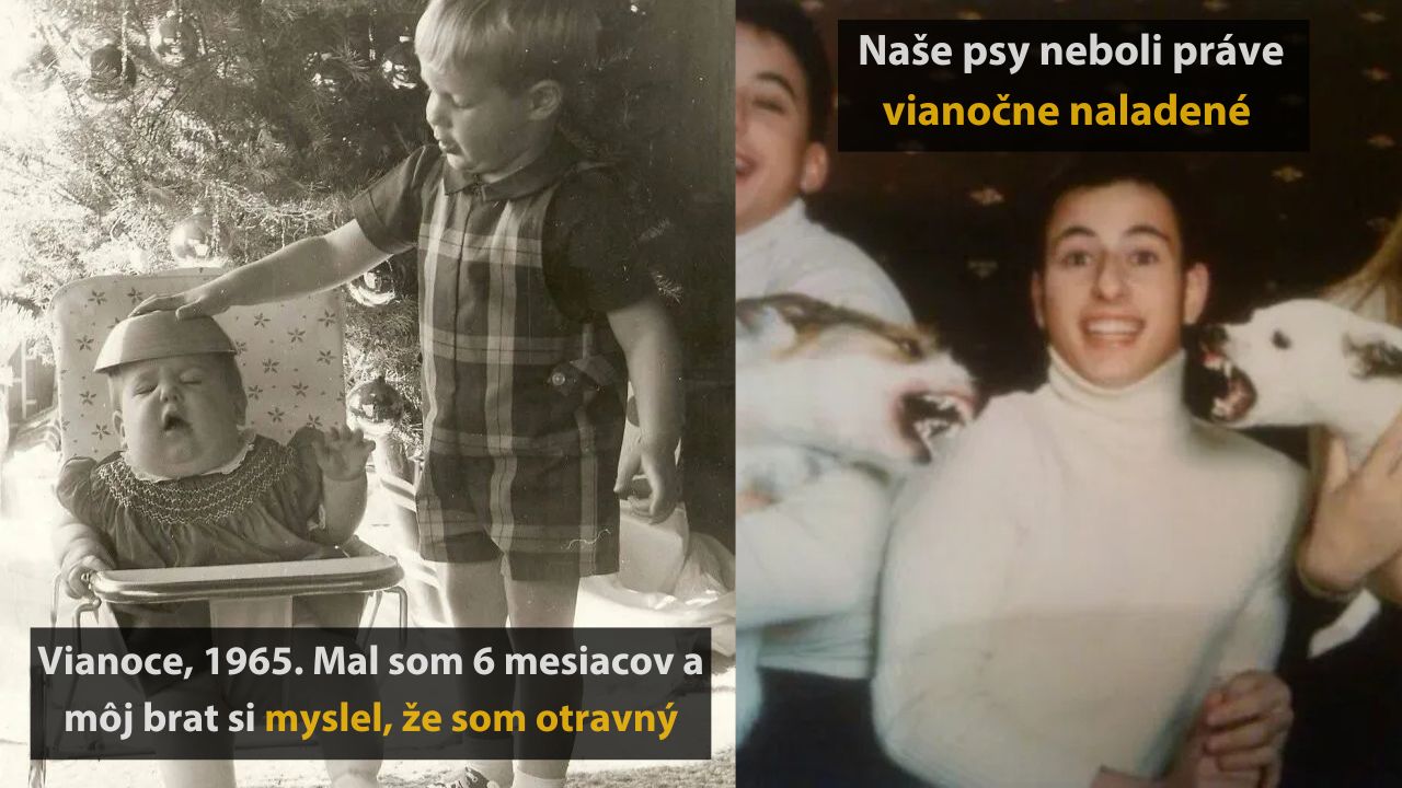 Dieťa s miskou na hlave pred vianočným stromčekom; mladík a nešťastní psy na sviatkoch.