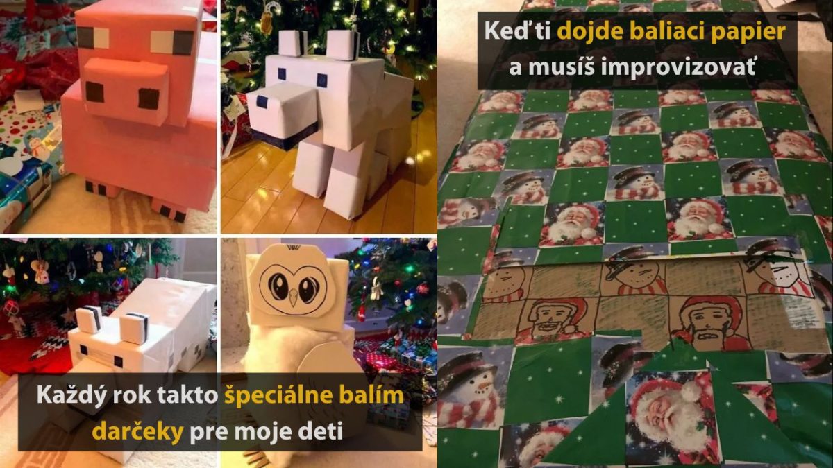 Kreatívne zabalené darčeky pod vianočným stromčekom, originálne použité balenie inšpirované Minecraftom.