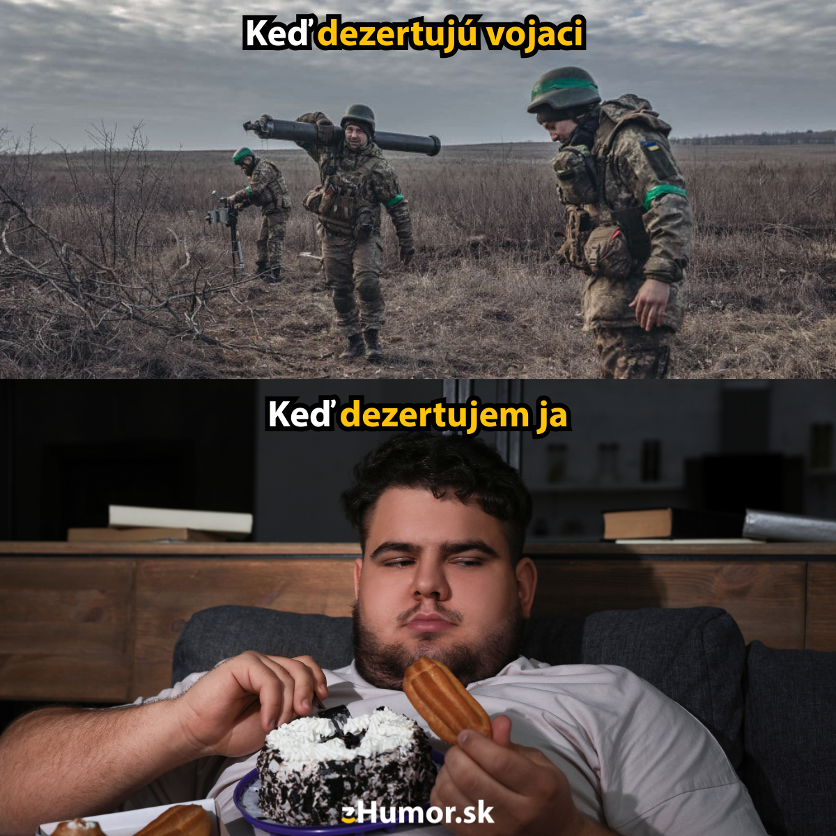 Vojaci v teréne a muž s dezertom, vtipná hra so slovami dezertujú a dezertujem.