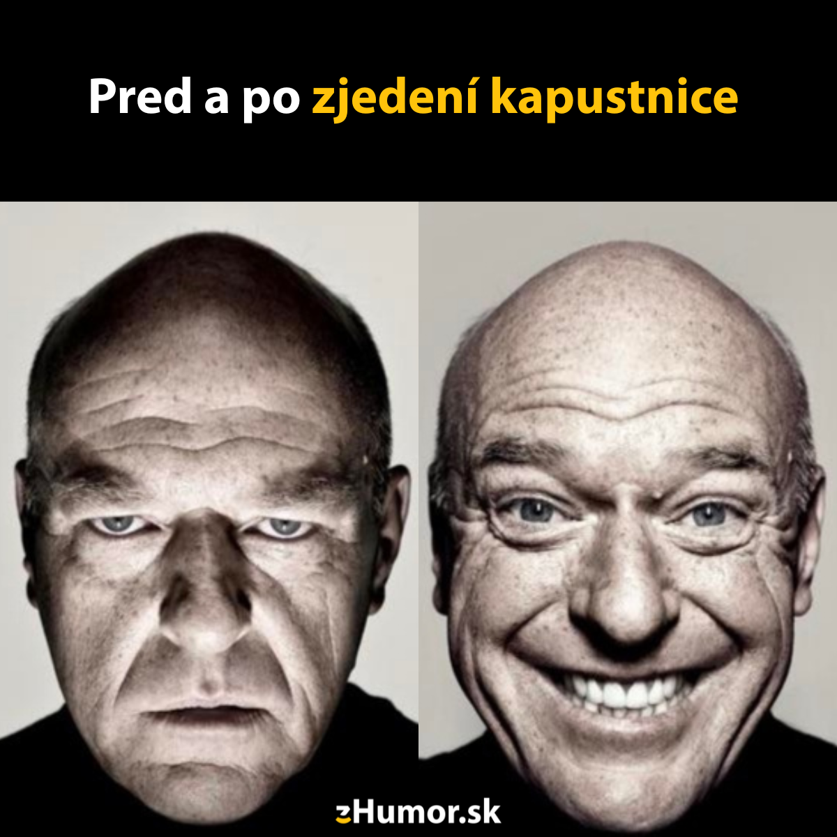 Dve tváre muža pred a po zjedení kapustnice, s výraznou zmenou výrazu tváre.