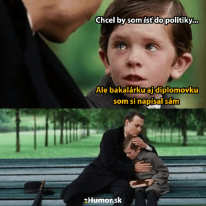 Chlapec hovorí, že chce ísť do politiky, ale napísal si sám bakalárku aj diplomovku, dospelý ho utešuje na lavičke.