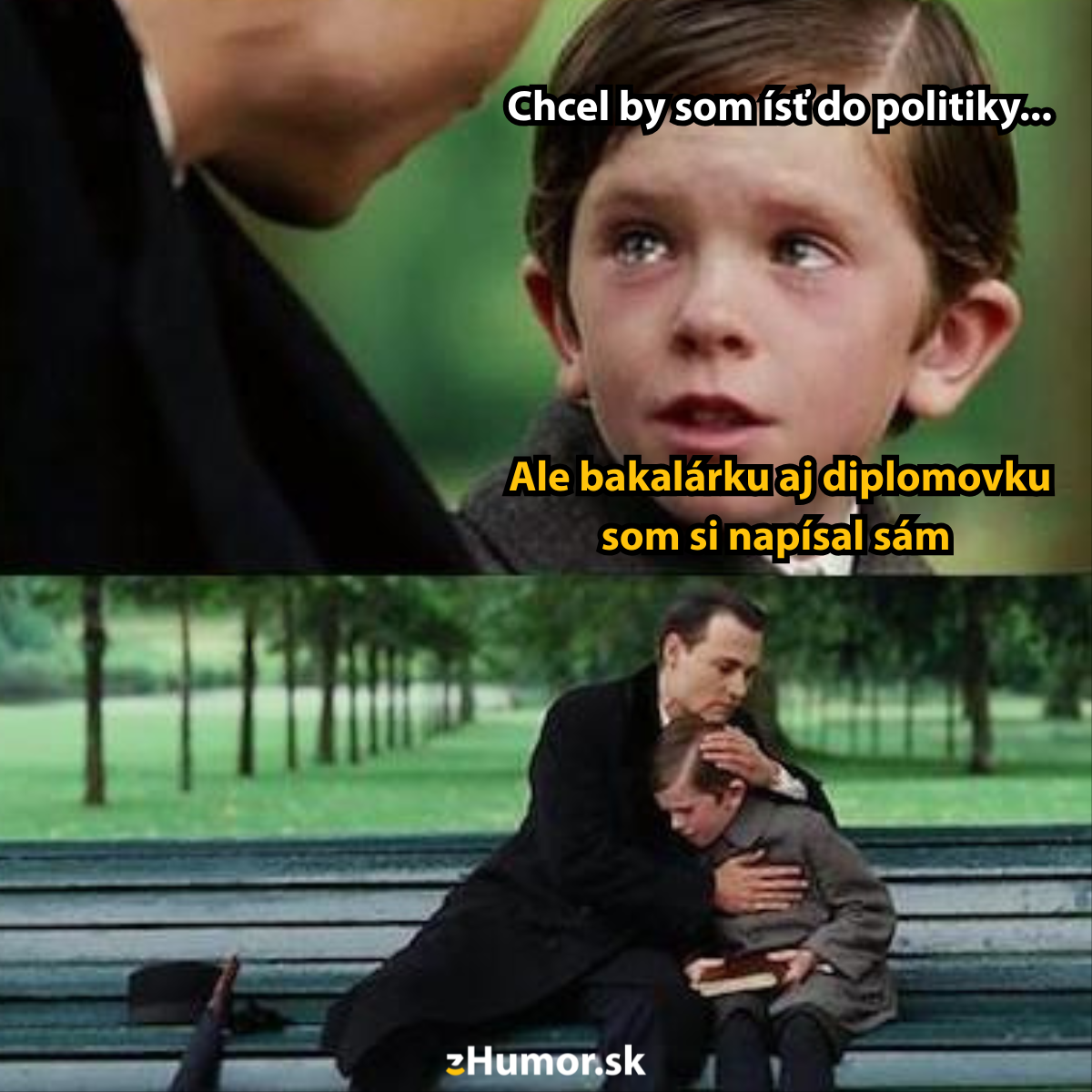 Chlapec hovorí, že chce ísť do politiky, ale napísal si sám bakalárku aj diplomovku, dospelý ho utešuje na lavičke.
