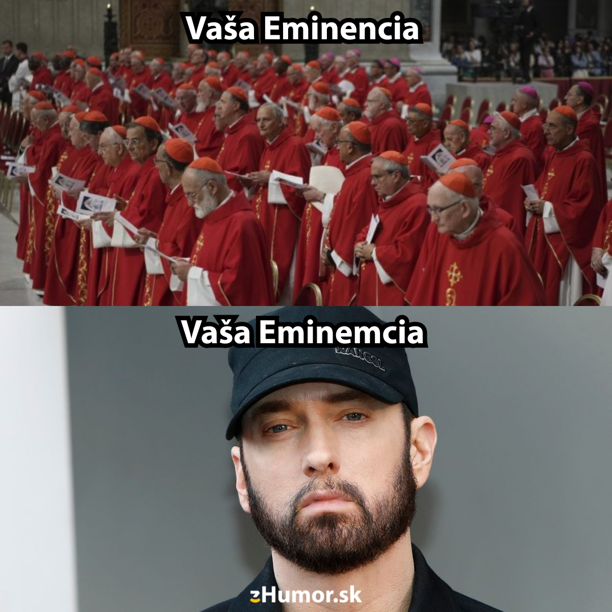 Kardináli na zhromaždení a raper v klobúku: humorné porovnanie pod názvom Vaša Eminencia.