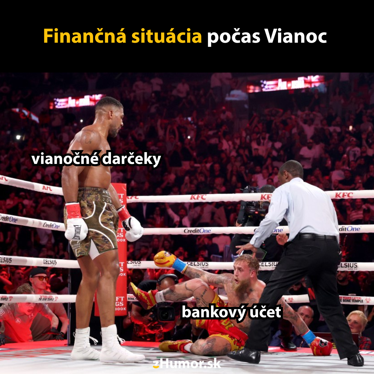 Boxer v ringu označený ako vianočné darčeky stojí nad ležiacim bankovým účtom.