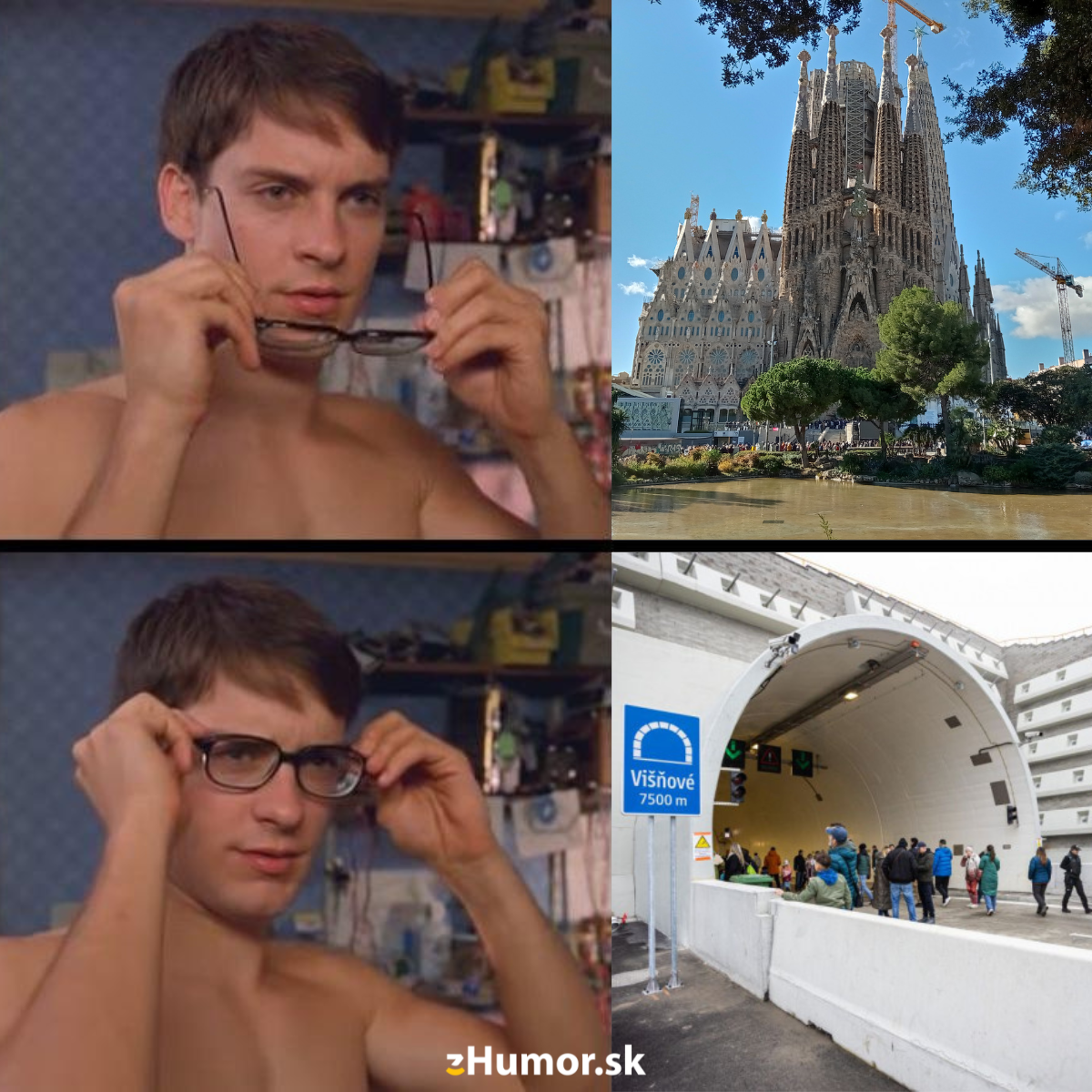 Muž sťahuje okuliare, stavba Sagrada Família, tunel Višňové s návštevníkmi. Humoristická porovnávacia koláž.