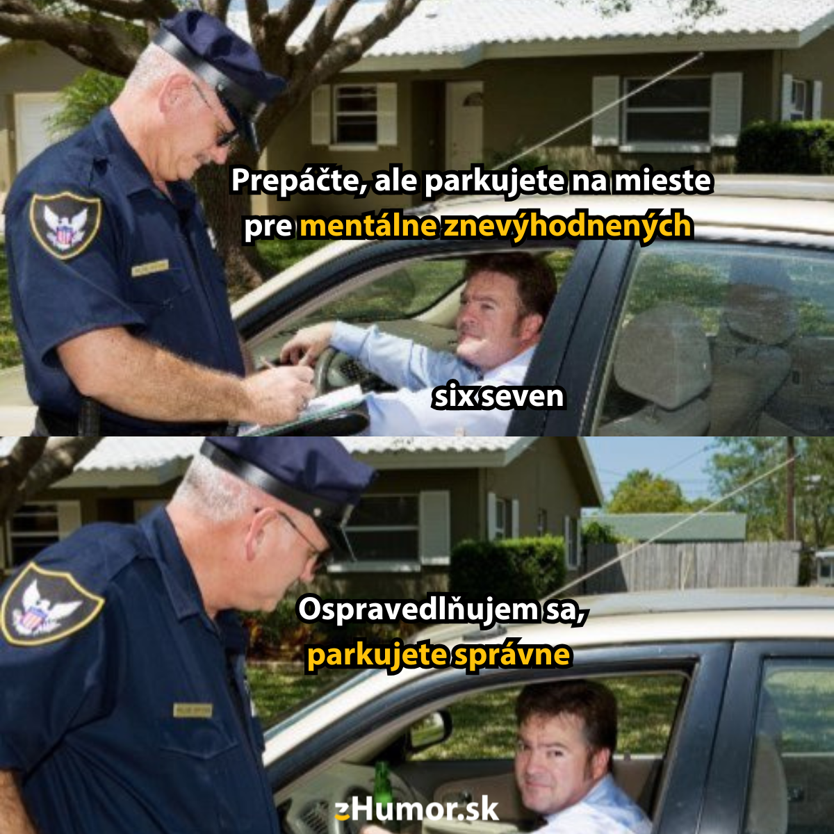 Policajt kontroluje vodiča auta, žart o parkovaní na mieste pre mentálne znevýhodnených zmení postoj.