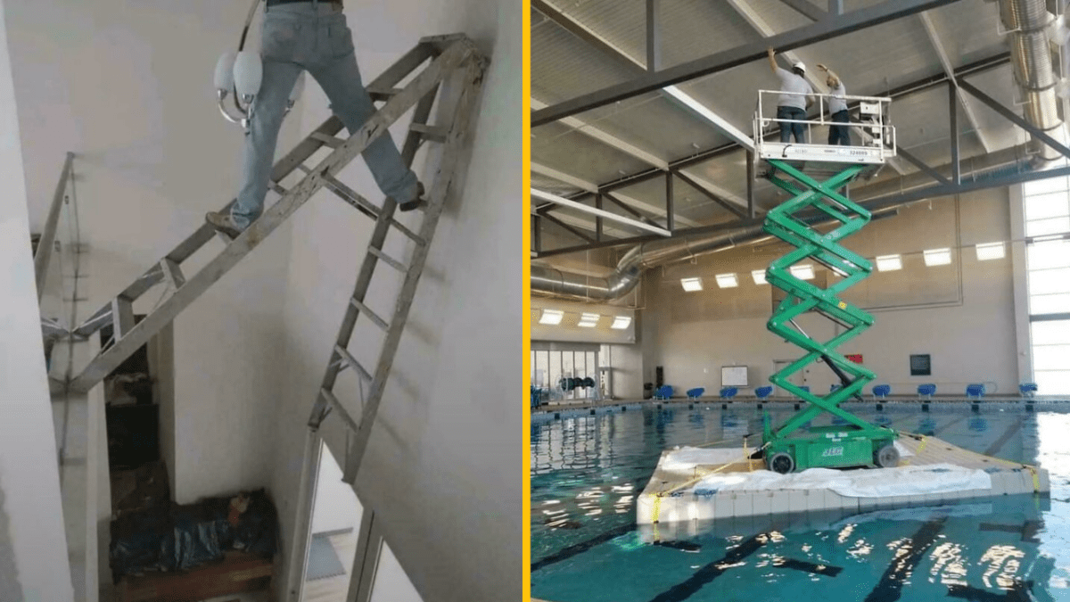 Nekonvenčné a rizikové metódy práce na rebríkoch a plošine nad bazénom. Bezpečnosť v ohrození.