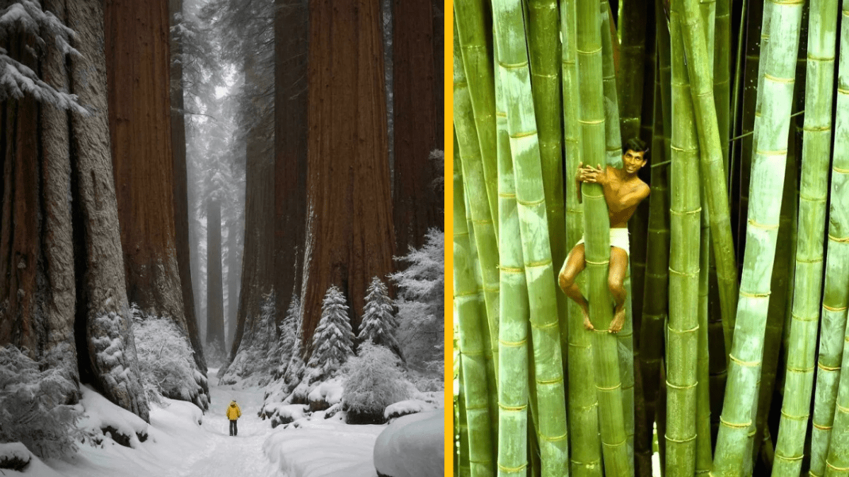 Osoba kráča zimným lesom sekvojí a muž sa šplhá po veľkých bambusových kmeňoch v zelenom lese.