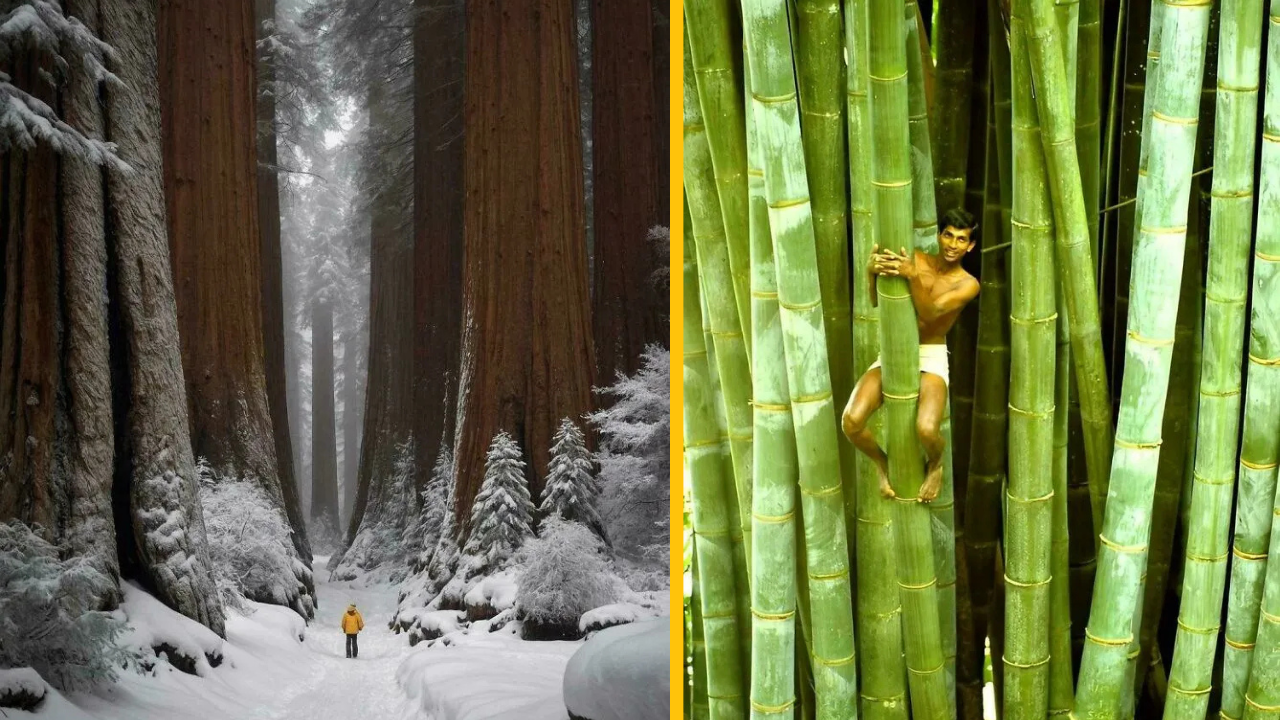 Osoba kráča zimným lesom sekvojí a muž sa šplhá po veľkých bambusových kmeňoch v zelenom lese.
