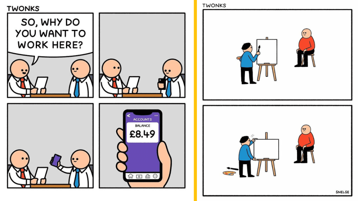 Kandidát na pohovore ukazuje nízky zostatok na účte. Umelec maľuje modela so smiešnym skreslením.