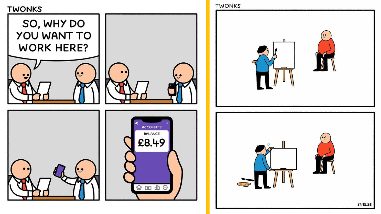 Kandidát na pohovore ukazuje nízky zostatok na účte. Umelec maľuje modela so smiešnym skreslením.