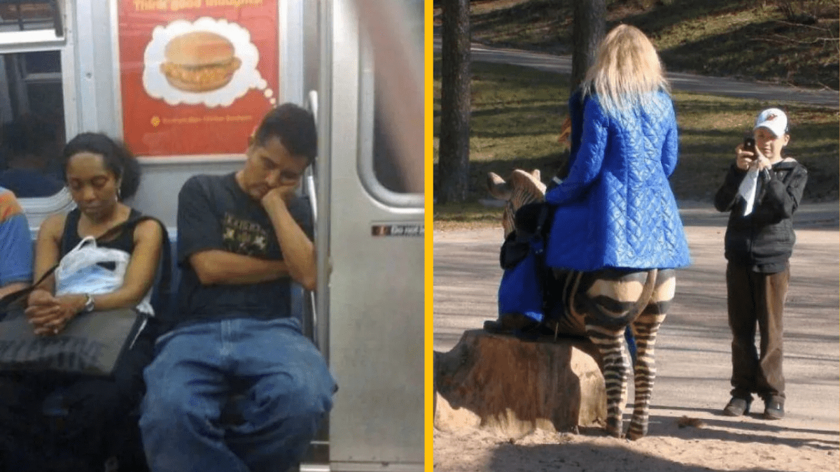 Ľudia spia v metre, zatiaľ čo dieťa fotí osobu na lavičke s optickou ilúziou.