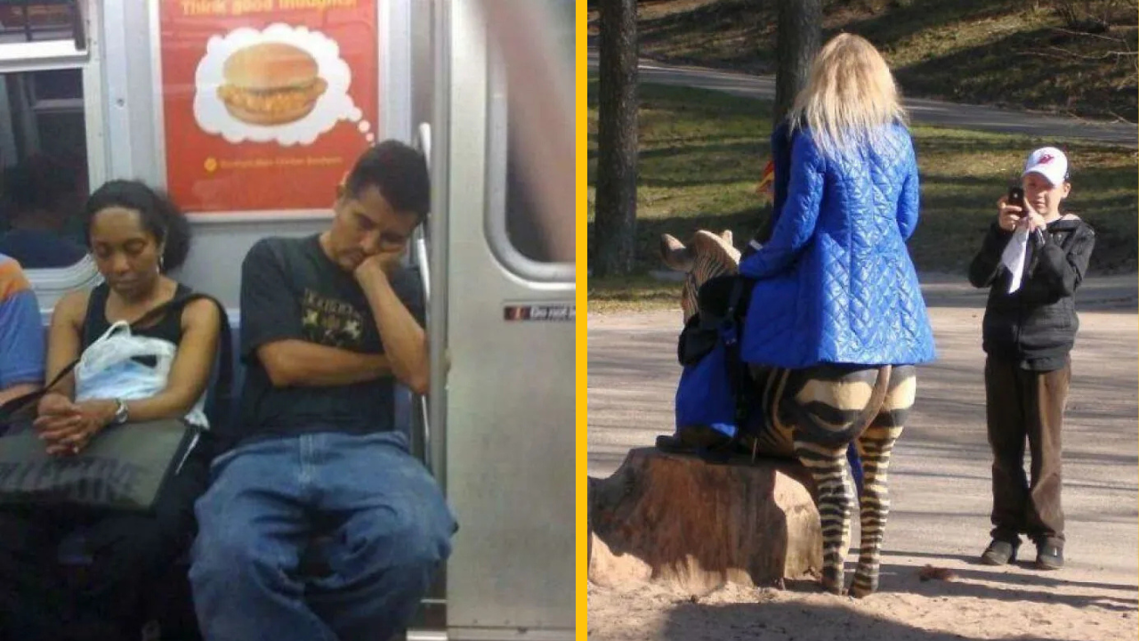 Ľudia spia v metre, zatiaľ čo dieťa fotí osobu na lavičke s optickou ilúziou.