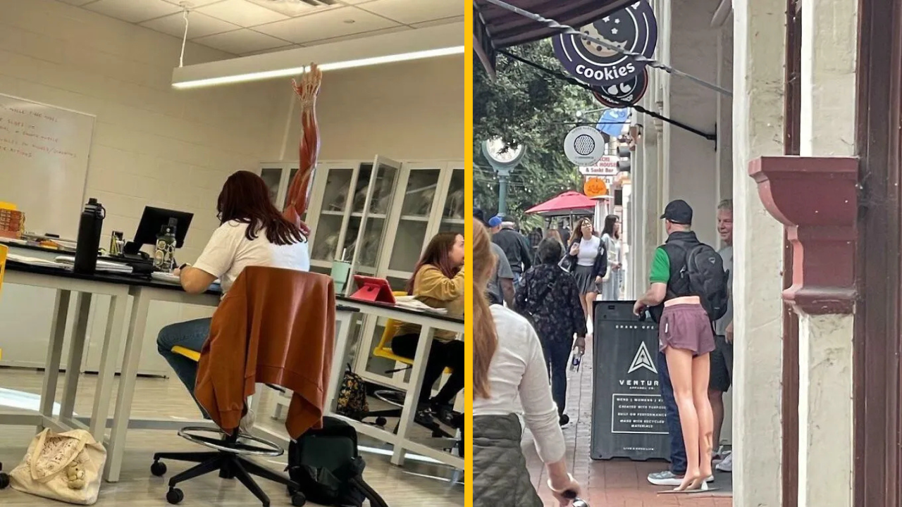 Vtipný moment zo školy a ulice: študent s anatomickým modelom ruky a muž s nohavicami na chrbte.