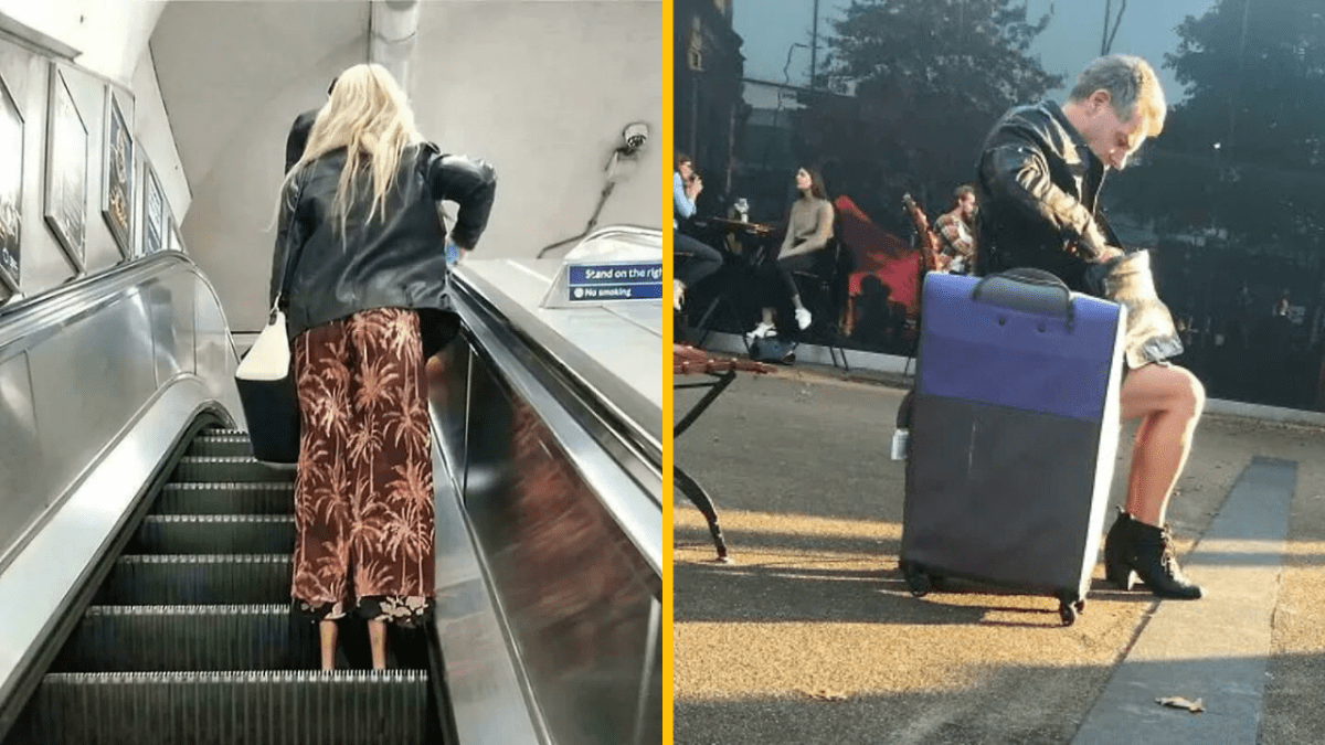 Osoba stúpa po eskalátore a muž odpočívajúci na kufri na slnku, moderný život v meste.