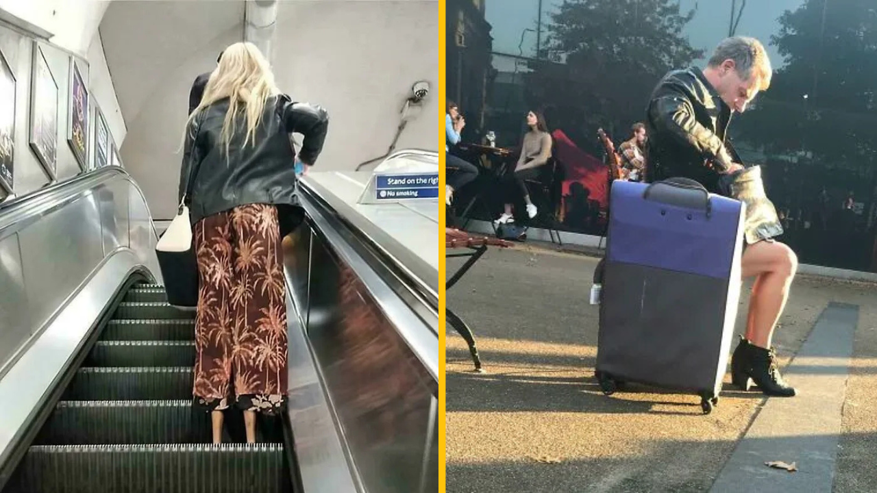 Osoba stúpa po eskalátore a muž odpočívajúci na kufri na slnku, moderný život v meste.