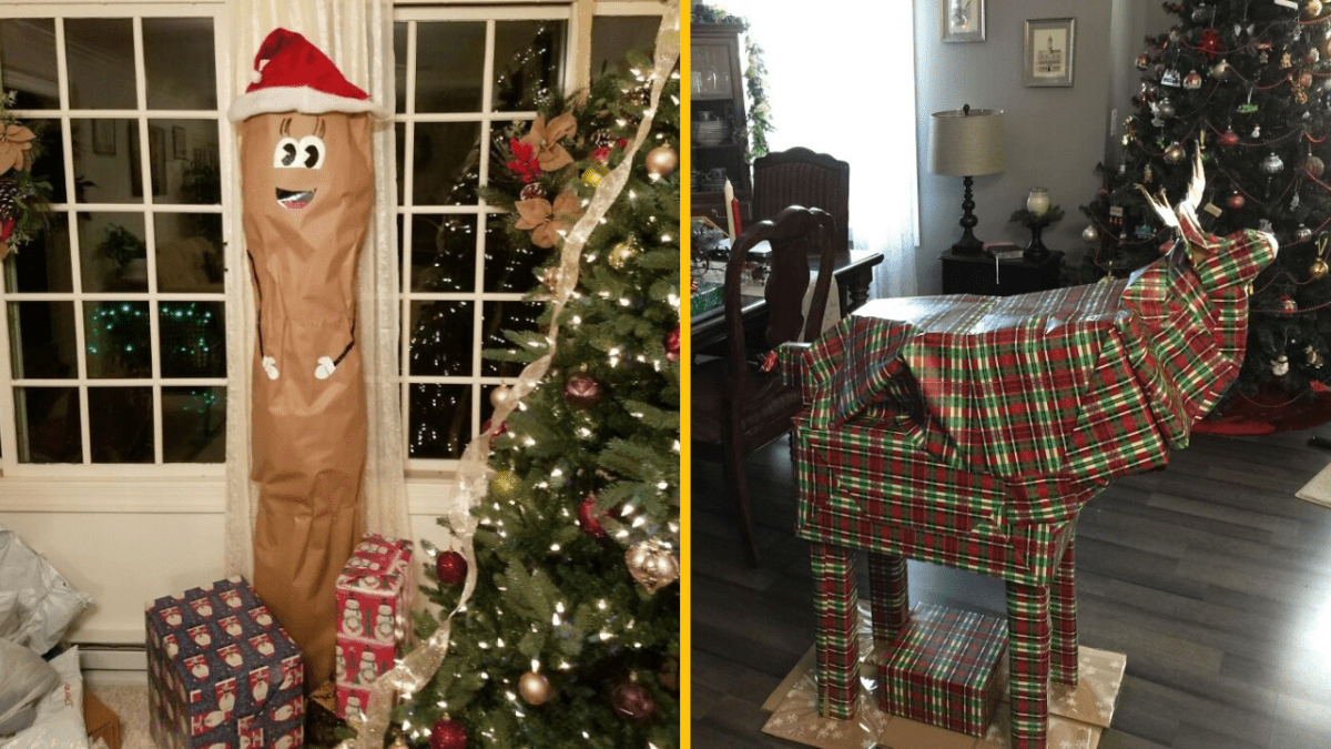 Vianočné dekorácie: zvláštne balenie darčekov, jeden vo forme postavy a druhý vo forme soba, pri stromčeku.