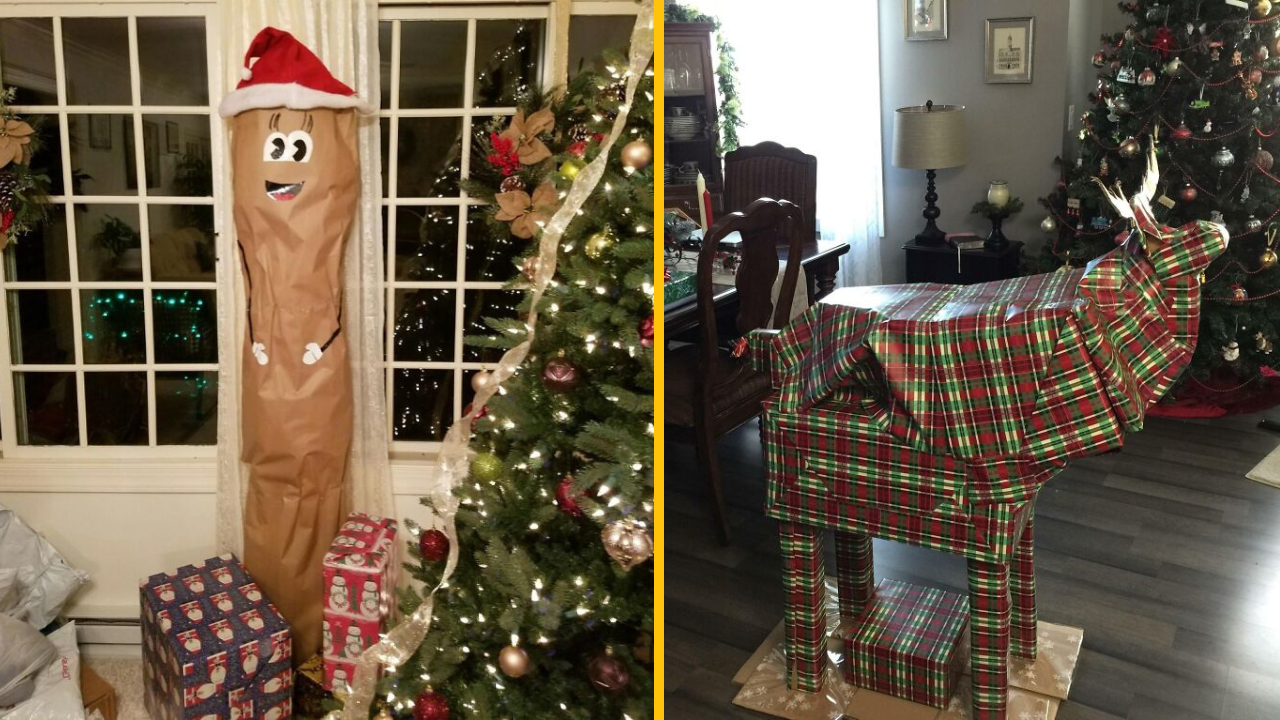 Vianočné dekorácie: zvláštne balenie darčekov, jeden vo forme postavy a druhý vo forme soba, pri stromčeku.