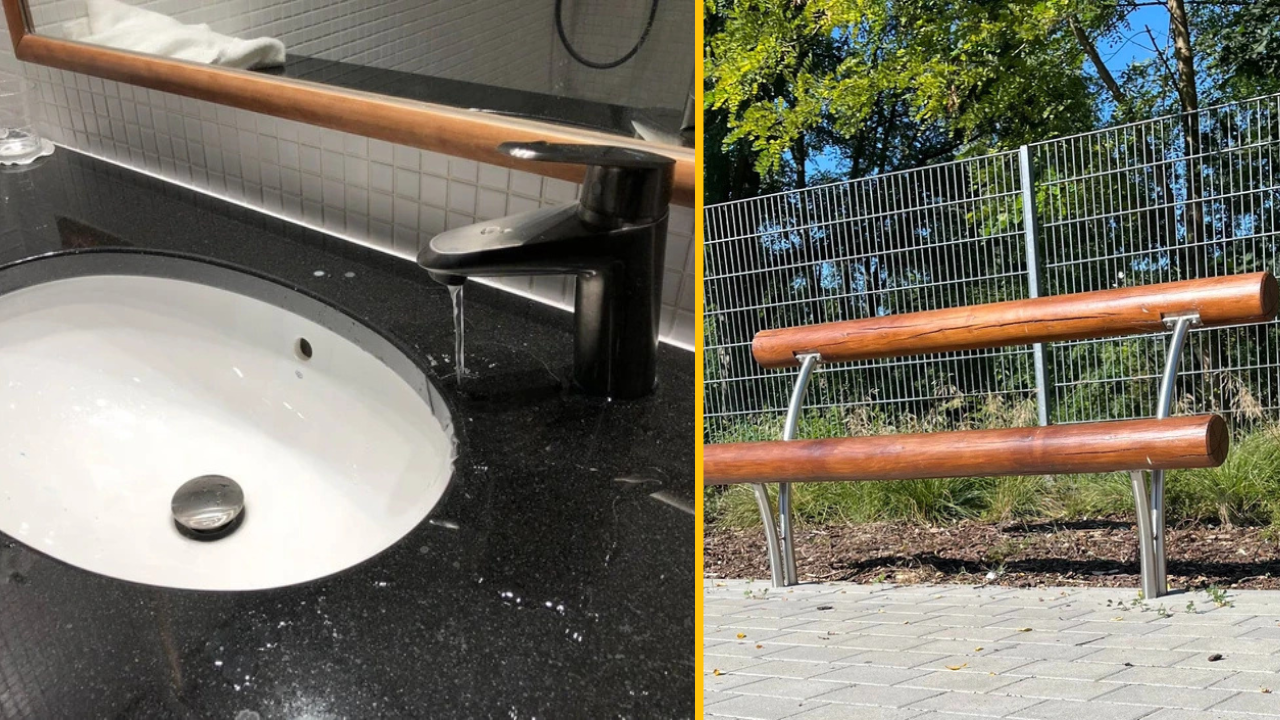 Umyvadlo a lavička s rovnakou drevenou konštrukciou, kreatívny dizajn.