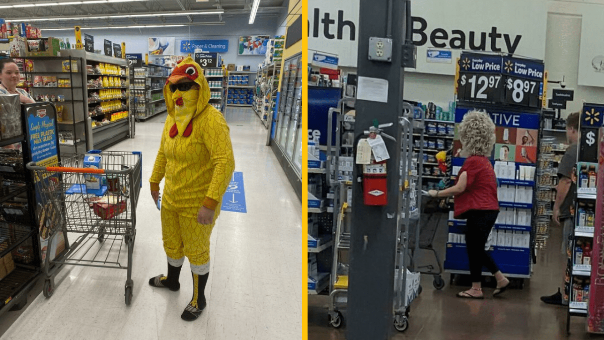 Muž v kuracom kostýme nakupuje v supermarkete, vedľa neho žena s extravagantným účesom.