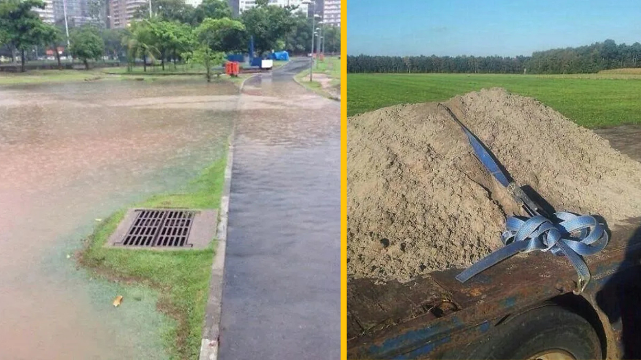 Zaplavený chodník v meste vedľa improvizovaného prepravného riešenia s pieskom na poli.