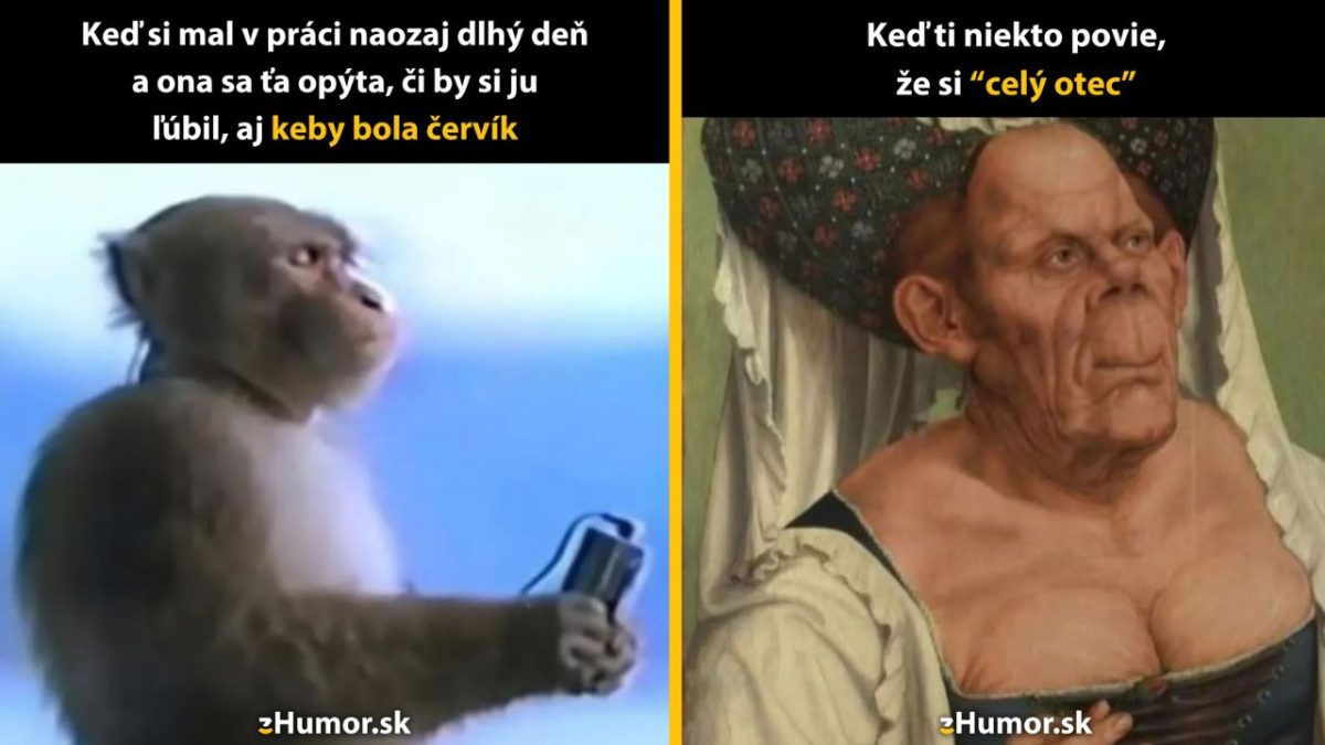 Opica s telefónom a kuriózna osoba na obraze, obaja s udivenými výrazmi vtipne reagujú na situácie.