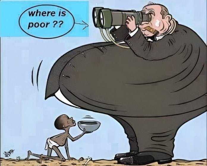 Karikatúra: Bohatý muž s ďalekohľadom ignoruje chudobného žobráka. Kritika nevedomosti voči chudobe.