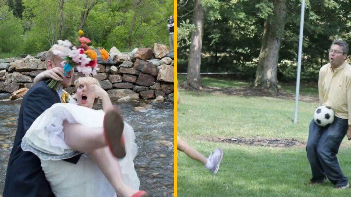 Nevesta prekvapená ženíchom v potôčiku a muž dostáva futbalovou loptou zblízka.