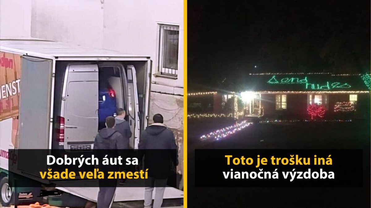 Dodávka plná áut naľavo, originálna vianočná výzdoba na dome napravo. Kreatívne momenty v rumáži obrázka.
