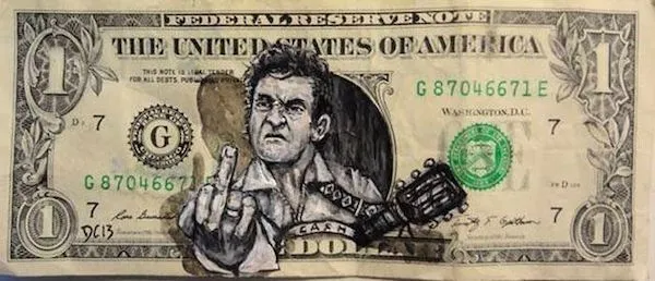 Americký dolár s kresbou muža, ktorý gestikuluje rukou. Upravená ilustrácia bankovky dolára.