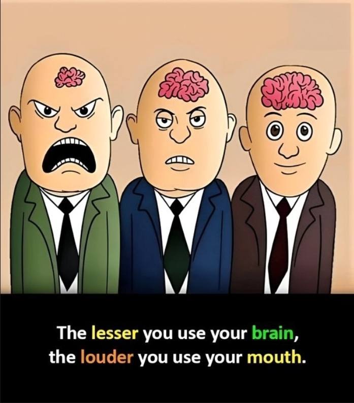 Trojica karikatúr mužov s rôznymi veľkosťami mozgu a prepojením medzi používaním mozgu a rečou.