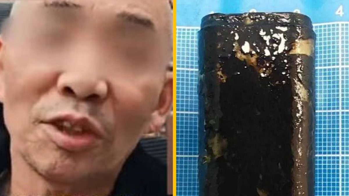 Ľavá strana: rozmazaná tvár muža; pravá strana: tmavý valec na modrej mriežke.