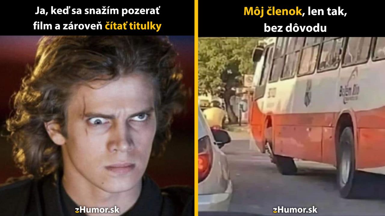 Muž so sústredeným pohľadom a autobus v zákrute s vtipným textom o nečakaných situáciách.