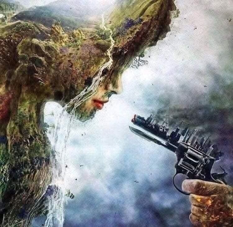 Ľudská ruka so zbraňou mieri na tvár prírody, ktorá splýva s krajinou. Metafora konfliktu medzi človekom a Zemou.