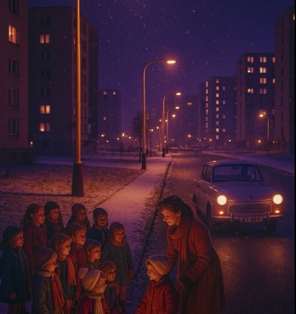 Skupina detí s opatrovateľkou na zimnej ulici za súmraku, osvetlené pouličnými lampami, v pozadí auto a paneláky.