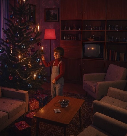 Vianočná obývačka s dieťaťom pri stromčeku, dary a sviečky vytvárajú teplú sviatočnú atmosféru.