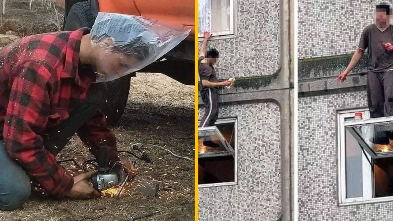 Osoba so zle zvolenými ochrannými pomôckami pri brúsení; druhá osoba vykonáva nebezpečnú údržbu v okne budovy.