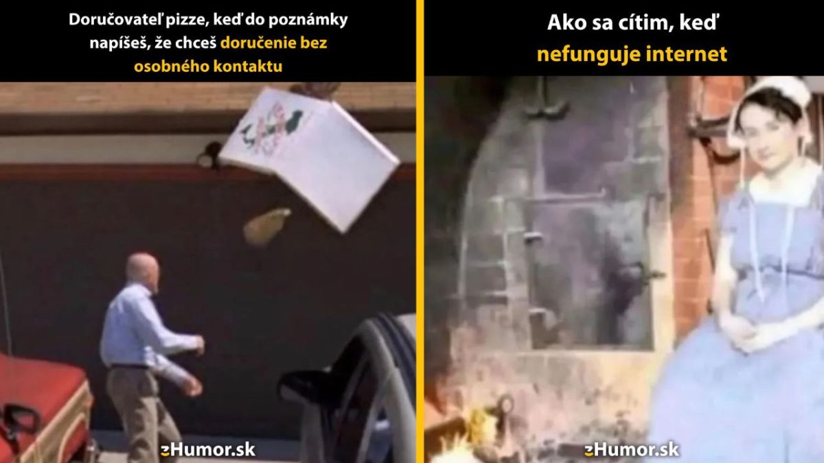 Muž hádže škatuľu od pizze na strechu a žena sedí pri peci bez internetu.