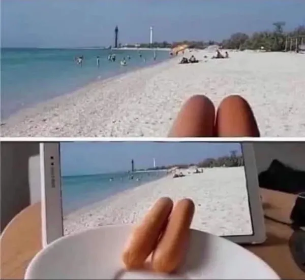 Horné obrázky sú opaľujúce sa nohy na pláži, dolný je ilúzia s párkami a tabletu v pozadí.