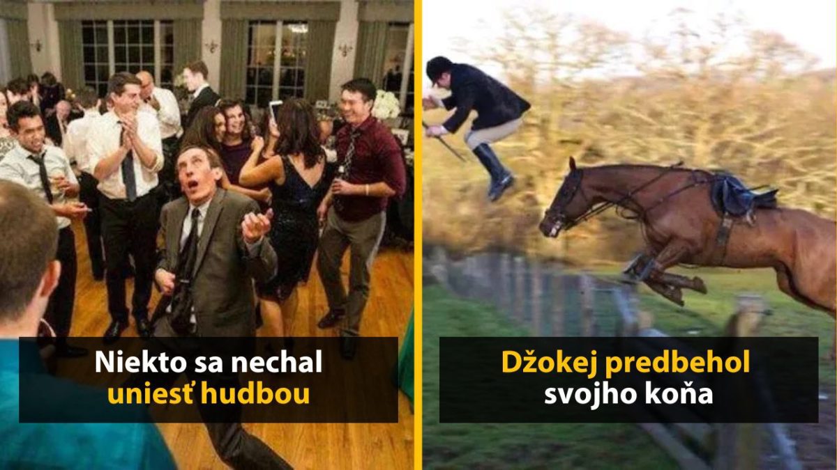 Párty plná zábavy a tanečných momentov; džokej vysoko preskočil spolu s koňom v dynamickej akcii.