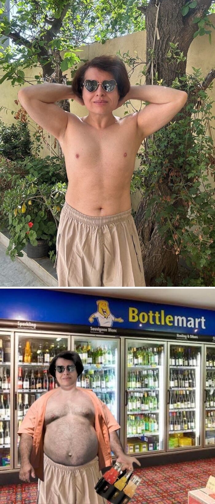 Osoba v slnečných okuliaroch vonku a vo vinotéke, chystá sa na nákup s nápojmi v ruke.