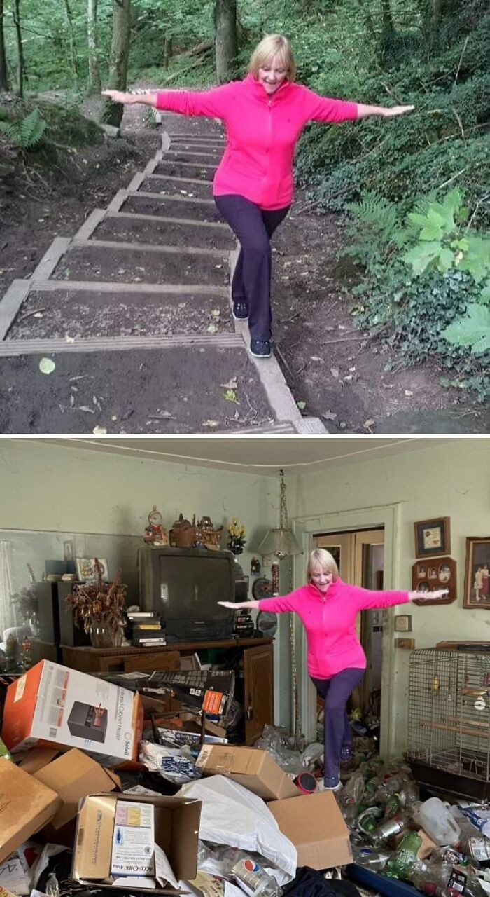 Žena v ružovej bunde balansuje na strmých schodoch v lese a medzi krabicami v neporiadku v miestnosti.