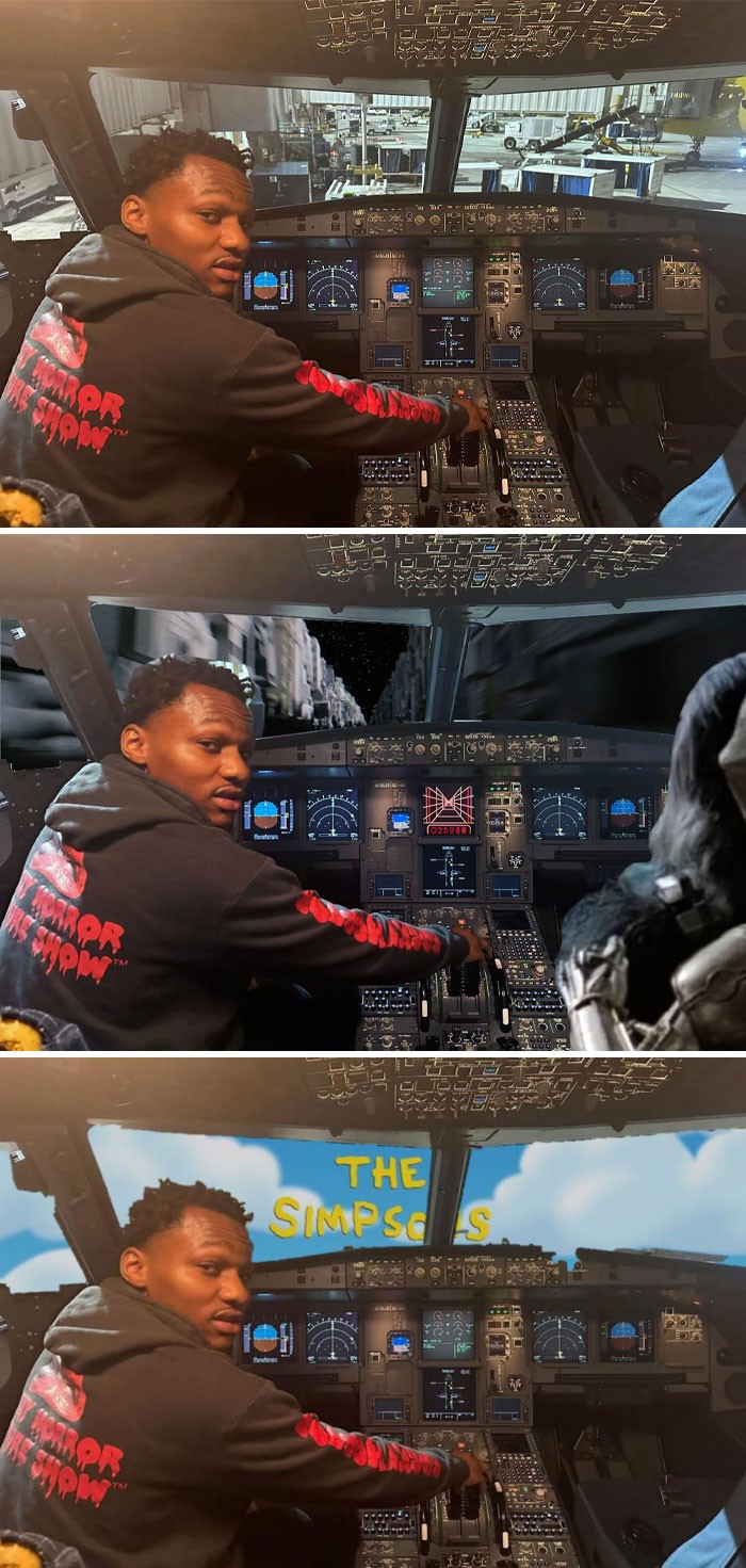 Osoba sedí v kokpite lietadla, pozadie sa mení z letiska na sci-fi a seriál Simpsonovci.