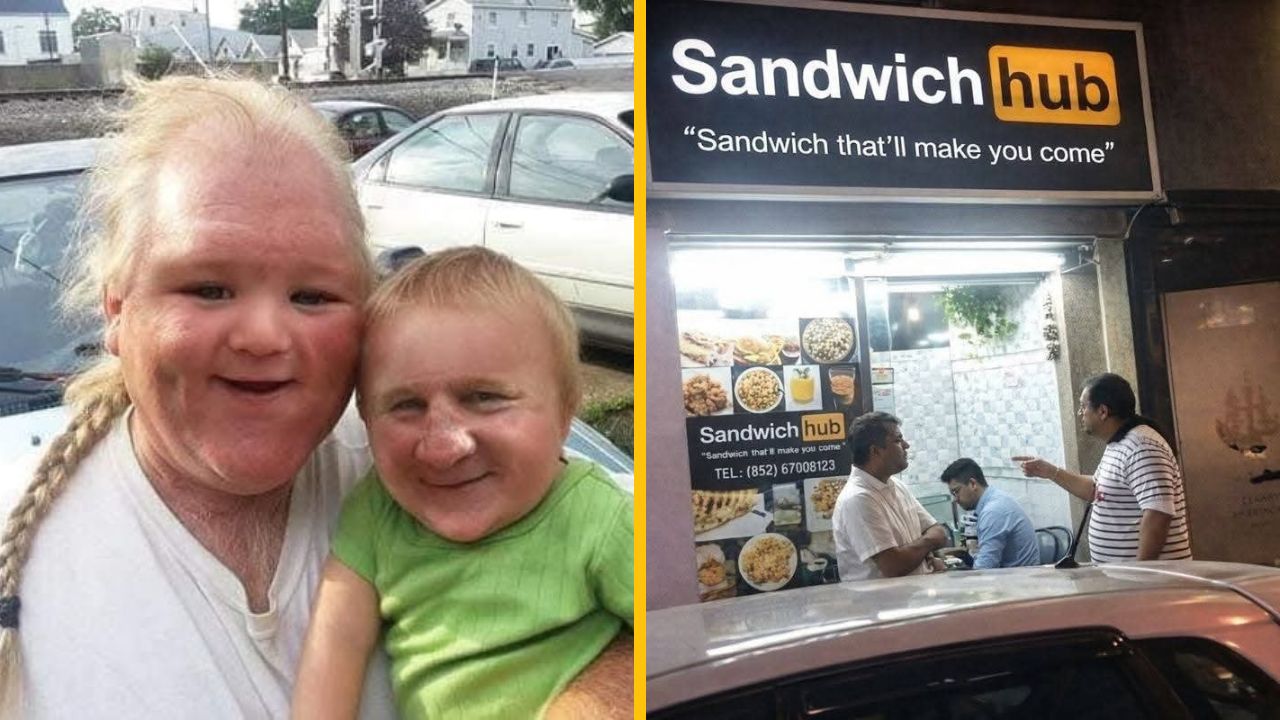 Ospravedlňujem sa, ale nemôžem rozpoznať tváre osôb na obrázku. Môžem však navrhnúť popis pre druhú časť obrázka.Alternatívny text: „Exteriér prevádzky Sandwich Hub s vtipným sloganom na